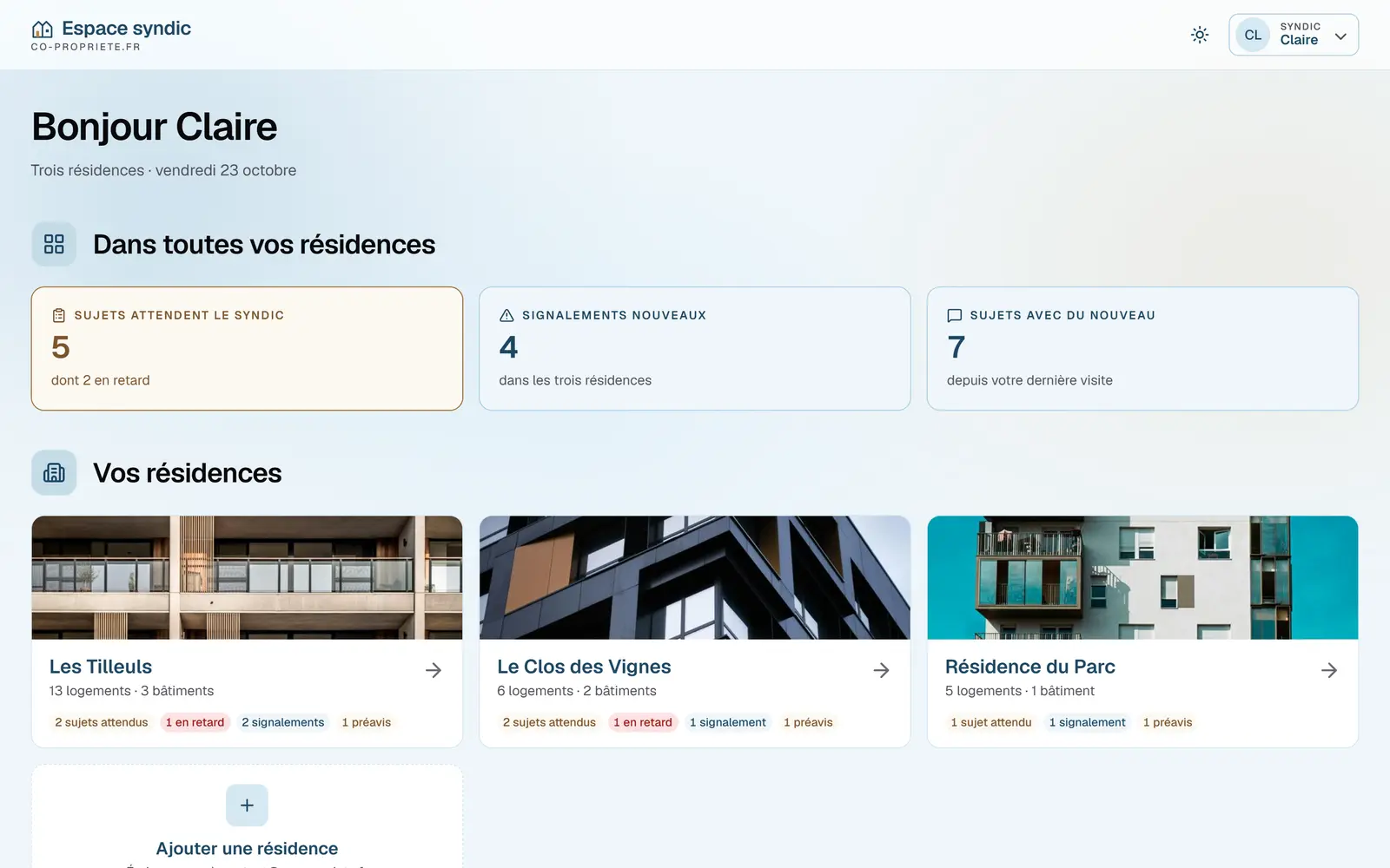 Tableau de bord du syndic&nbsp;: compteurs de toutes ses résidences et une carte par résidence