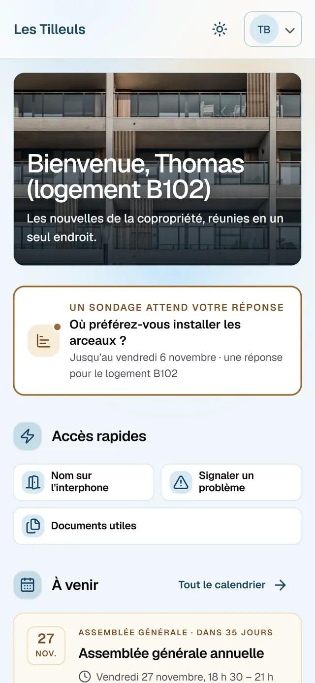 Le même espace sur téléphone, vu par un copropriétaire