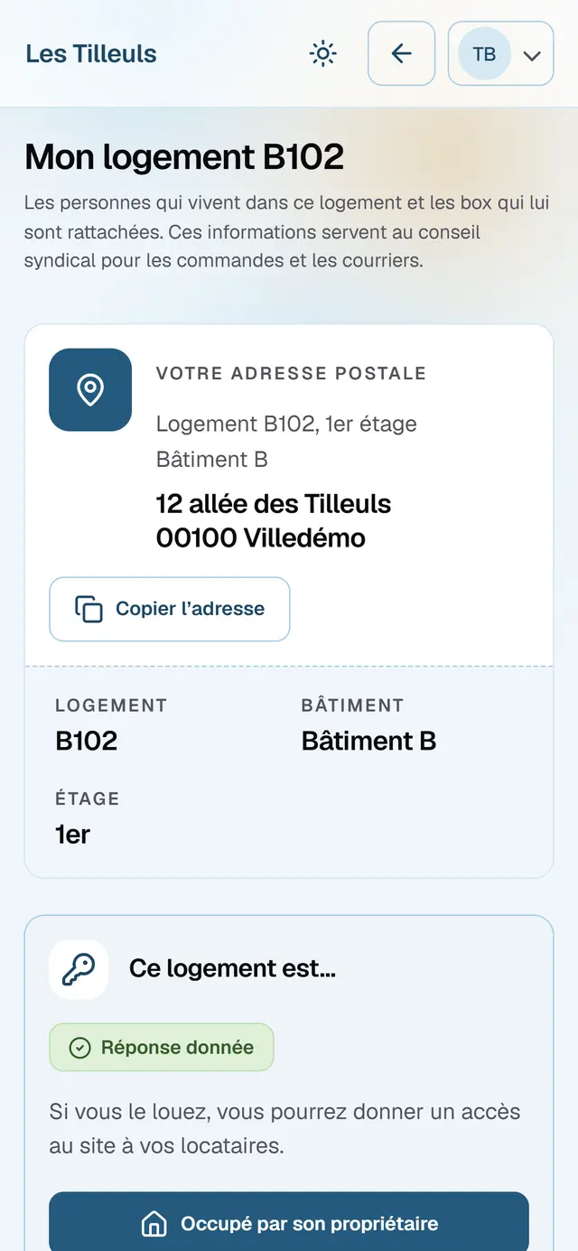 La page «&nbsp;Mon logement&nbsp;» sur téléphone&nbsp;: adresse postale, bâtiment et étage